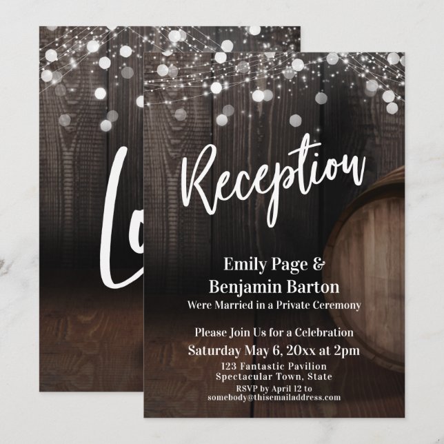 Reception Typography Rustic Wood Barrel and Lights Invitation (Front/Back)