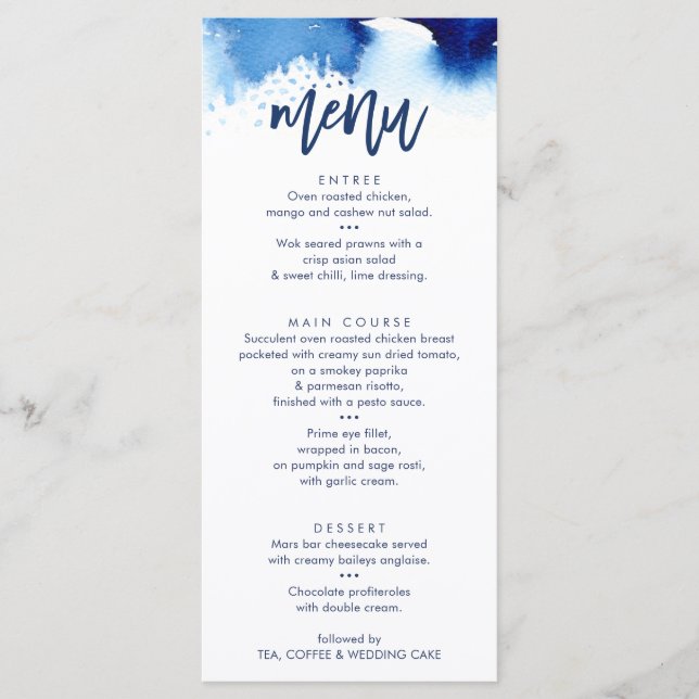RECEPTION WEDDING MENU stylish navy watercolor (Front)