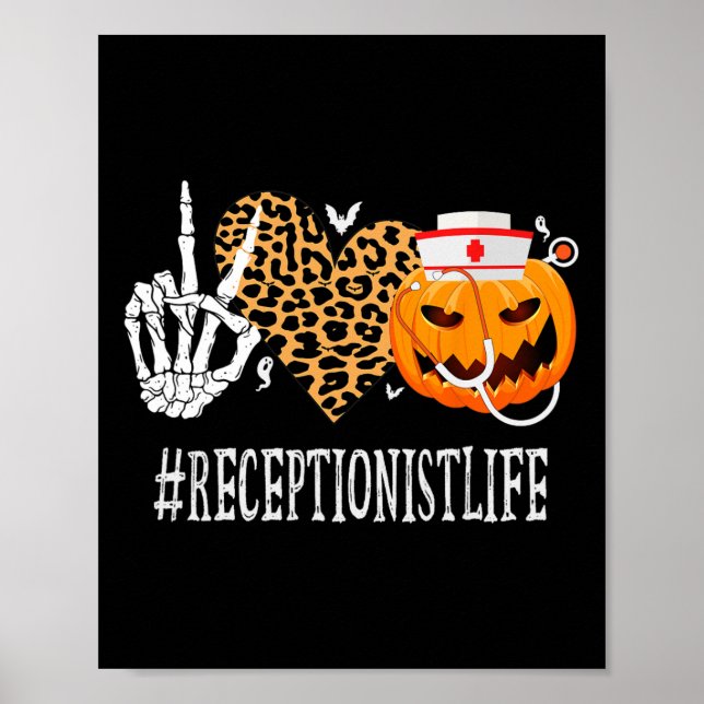 Receptionist Peace Love Pumpkin Fun Halloween Leop Poster (Front)
