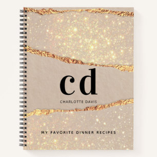 Recipe beige gold agate marble monogram notebook