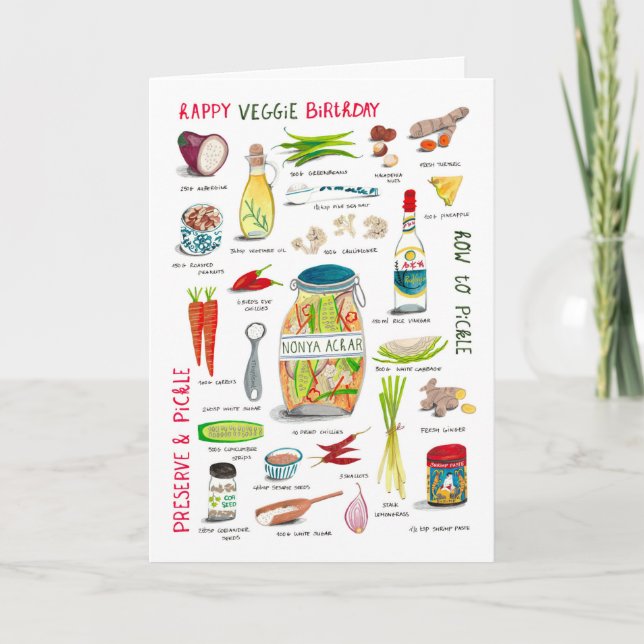 Recipe blue and green birthday vegetables card (Front)