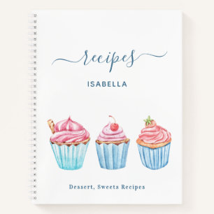 Recipe blush pink baking blue cupcakes name notebook