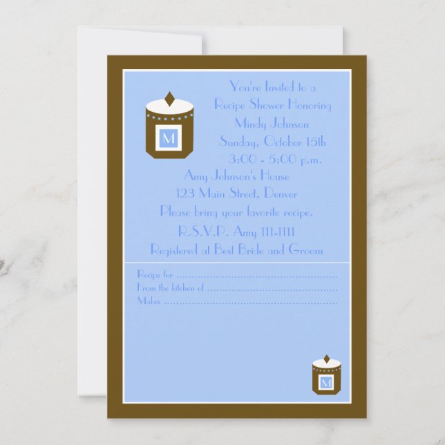 Recipe Bridal Shower Invitation - Blue Monogram (Front)