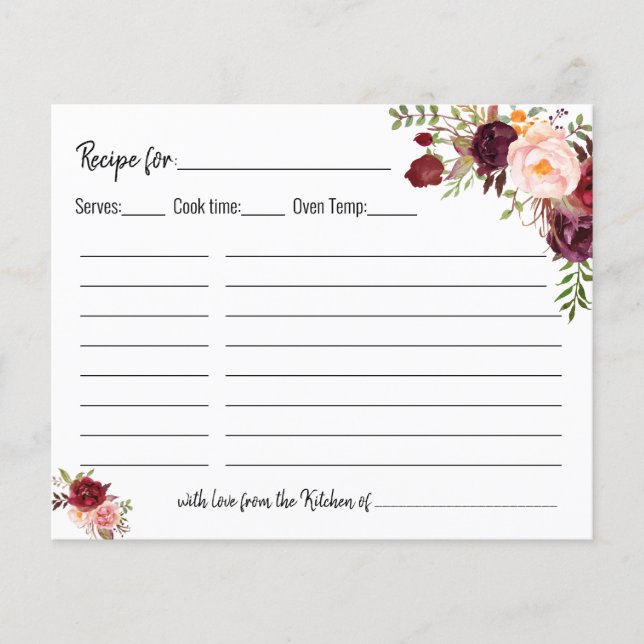 Recipe card bridal shower wedding marsala card (Front)