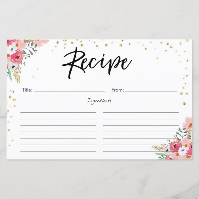 Recipe Card Floral Pink Gold Bridal Shower Flowers (Front)