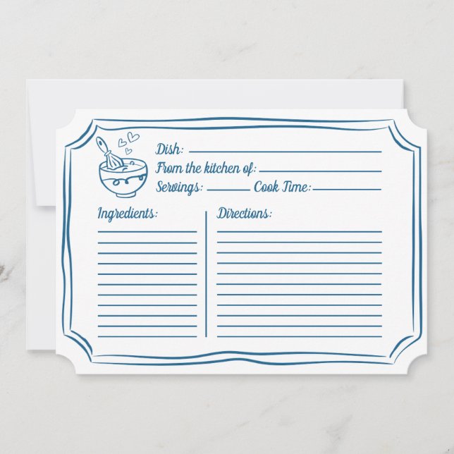 Recipe Card for Bridal Shower Whimsical Navy Blue (Front)