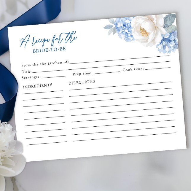 Recipe Card for the Bride-to-Be – Blue Floral (Bridal Shower Keepsake)