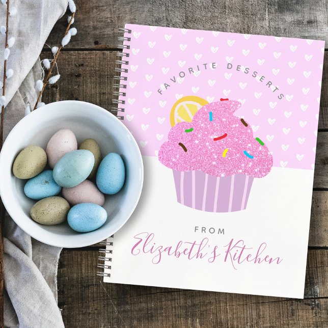 Recipe cookbook pink cupcake hearts modern sweet notebook (Choose from 3 color combos!)