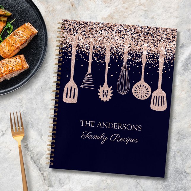 Recipe Cookbook Rose Gold Glitter Kitchen Utensils Notebook (In situ)