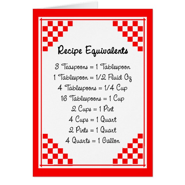 Recipe Equivalents Kitchen Helper Card (Front)