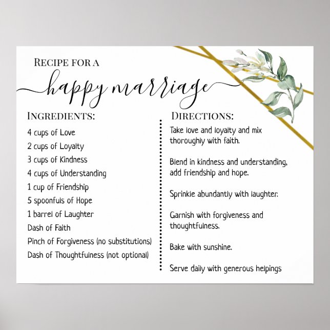 Recipe for a happy marriage newlywed greenery gold poster (Front)