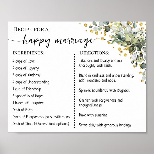 Recipe for a Happy Marriage Newlyweds Eucalyptus Poster (Front)