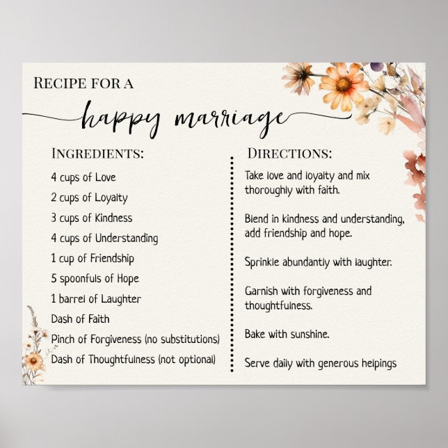 Recipe for a Happy Marriage Newlyweds Wildflowers Poster (Front)