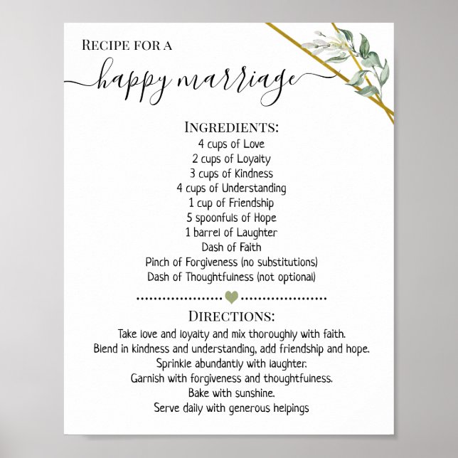 Recipe for a happy marriage shower greenery gift poster (Front)
