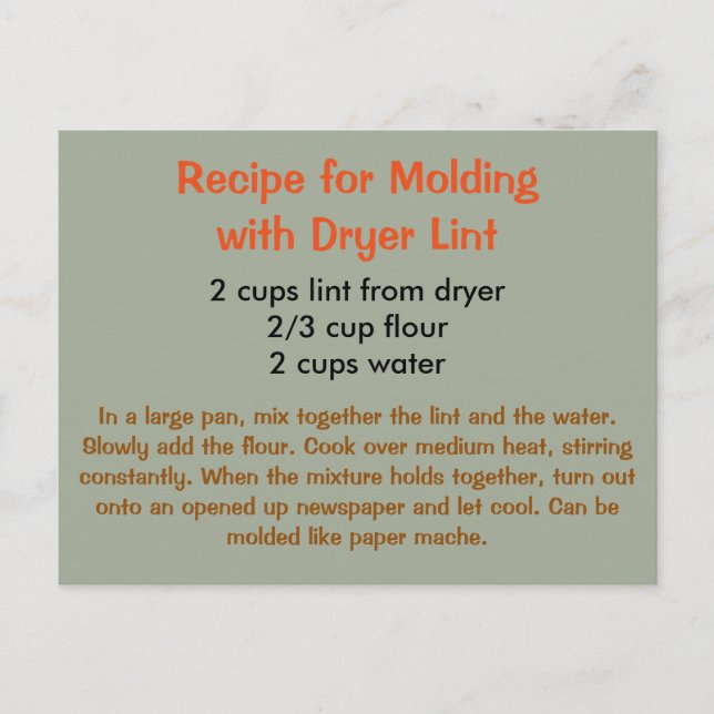 Recipe for Dryer Lint Sculpting on a Postcard (Front)