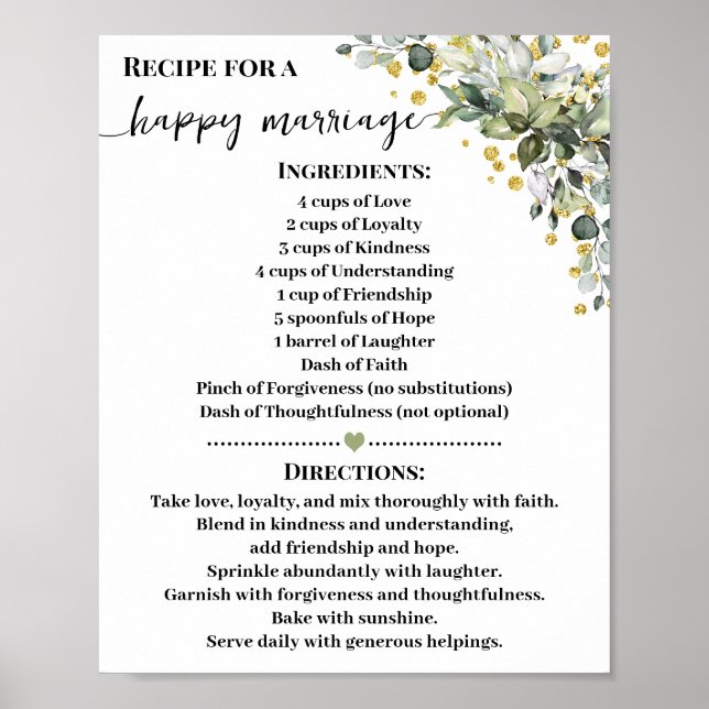 Recipe for Happy Marriage Greenery Gold Gift Poster (Front)