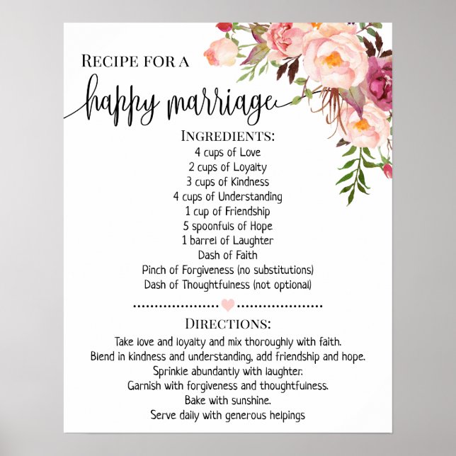 Recipe for happy marriage wedding shower gift pink poster (Front)