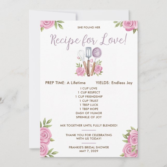 Recipe for Love Bridal Shower Favor Cards (Front)