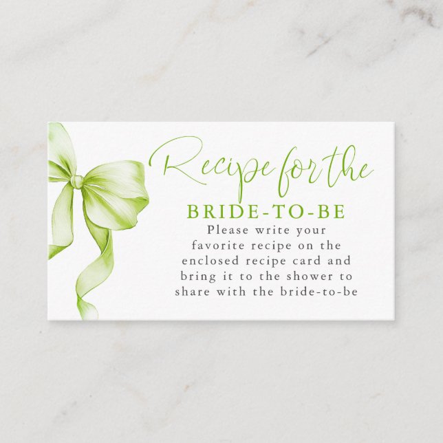 Recipe for the bride-to-be Sage Green Bow Request  Enclosure Card (Front)