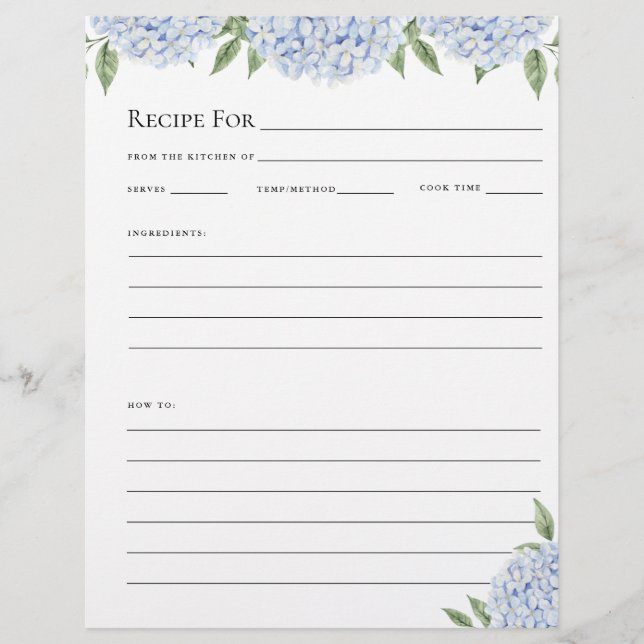 Recipe Full Page Sheet for Binder, Blue Hydrangea (Front)