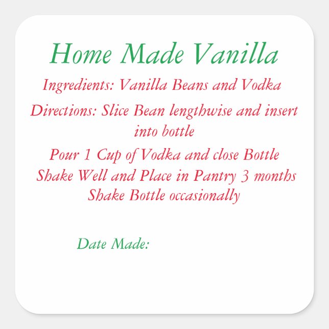 Recipe Home Made Vanilla Square Sticker (Front)