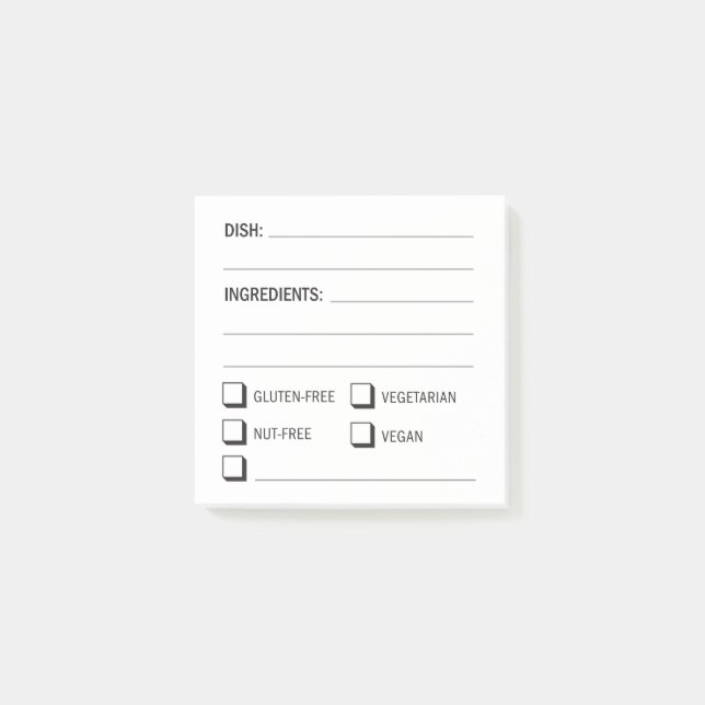 Recipe ingredients and food allergy checklist post-it notes (Front)