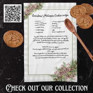 Recipe keepsake Christmas Pine Cones Grey plaid Tea Towel