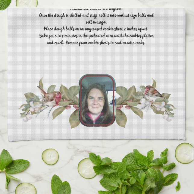 Recipe Keepsake photo and floral tan grey plaid Tea Towel (Folded)