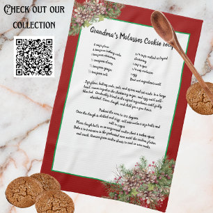 Recipe keepsake Red  Christmas Pinecones Greenery  Tea Towel