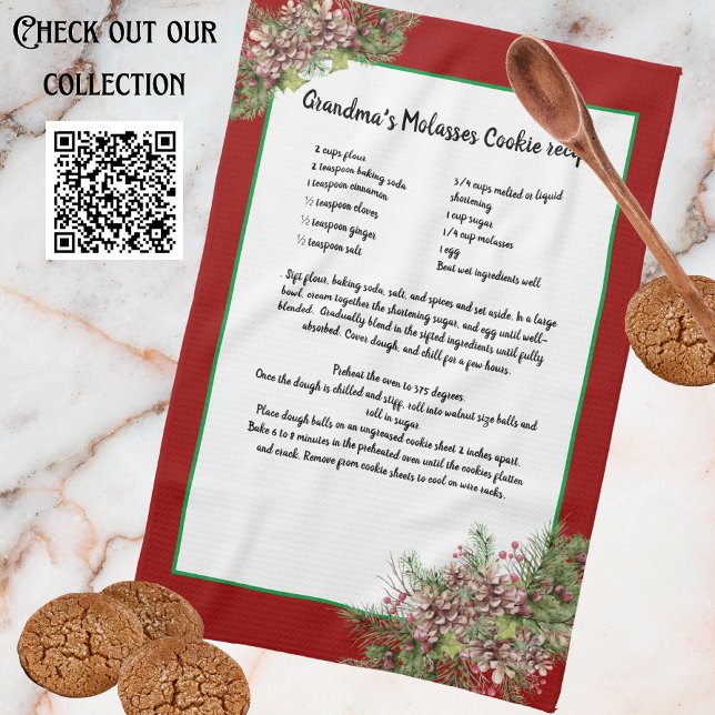 Recipe keepsake Red  Christmas Pinecones Greenery  Tea Towel (Creator Uploaded)