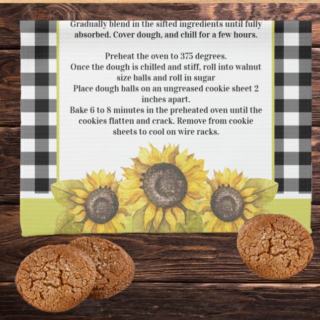 Recipe keepsake Sunflower Floral Black White Plaid Tea Towel (Creator Uploaded)