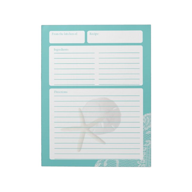 Recipe Page Aqua Sand Dollar and Lace Notepad (Rotated)