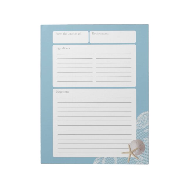 Recipe Page Blue Sand Dollar and Lace Notepad (Rotated)