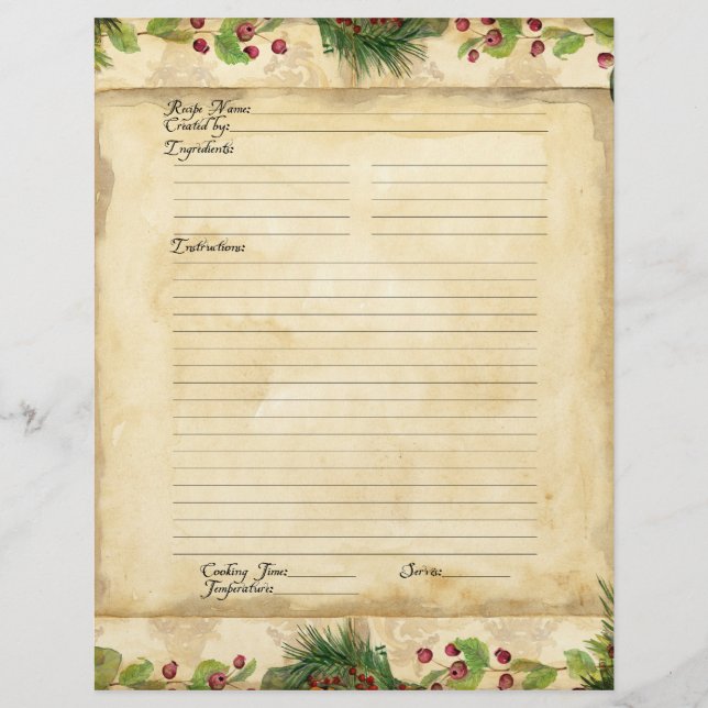 Recipe Page Family Christmas Cookbook Recipe (Front)