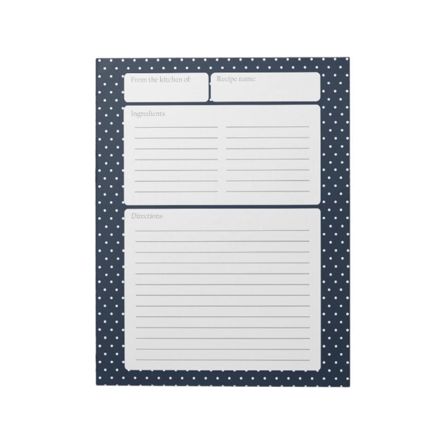 Recipe Page Navy Blue and Polka Dots Notepad (Rotated)