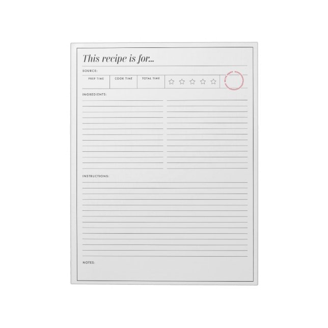 Recipe Page With Star Rating Notepad (Rotated)