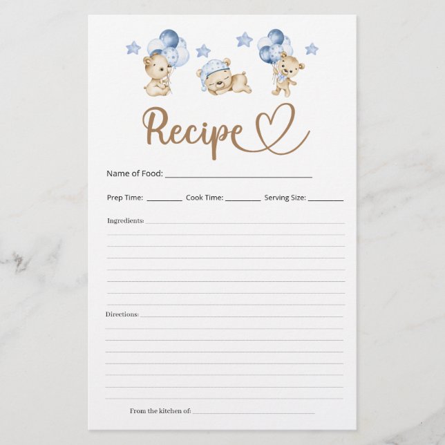 Recipe Teddy Bear Boy Baby Shower  (Front)