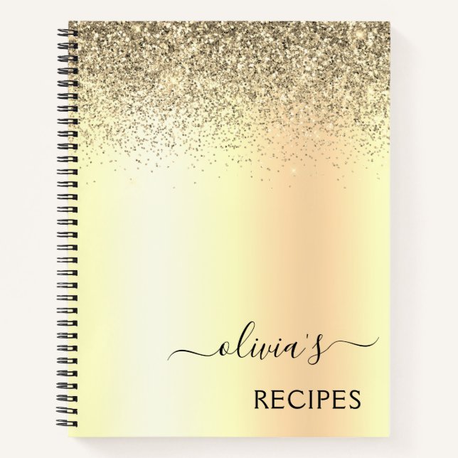 Recipes Cookbook Gold Glitter Monogram Notebook (Front)