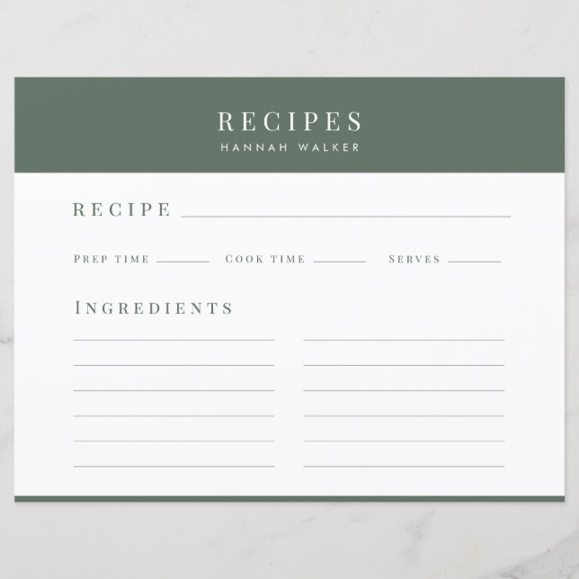 Recipes | Minimal Elegant Forest Green Recipe Card (Front)