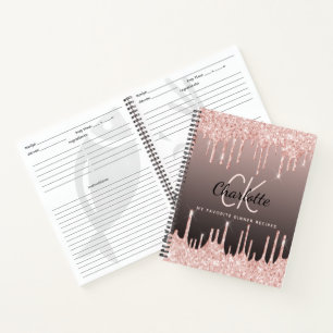 Recipes rose gold drips black monogram notebook