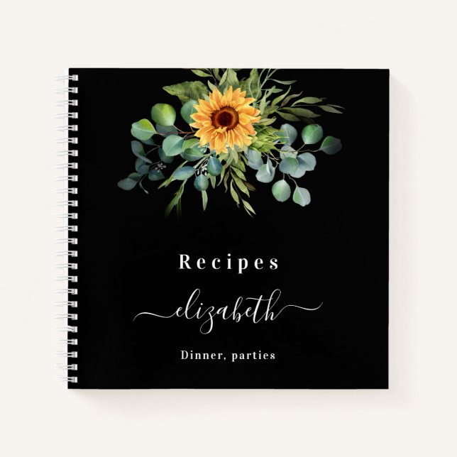 Recipes sunflower eucalyptus greenry script black notebook (Front)