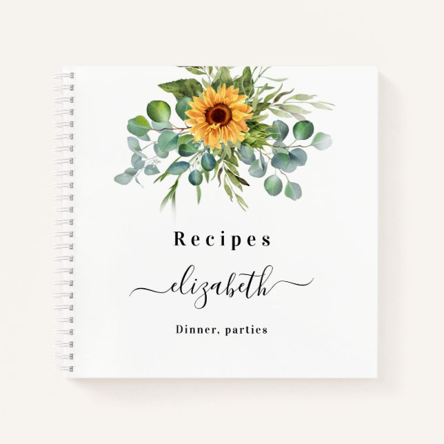 Recipes sunflower eucalyptus greenry script name notebook (Front)