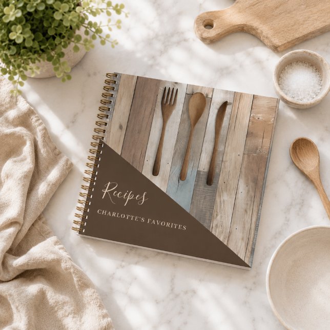 Recipes wooden kitchen utensils brown cookbook notebook (Creator Uploaded)