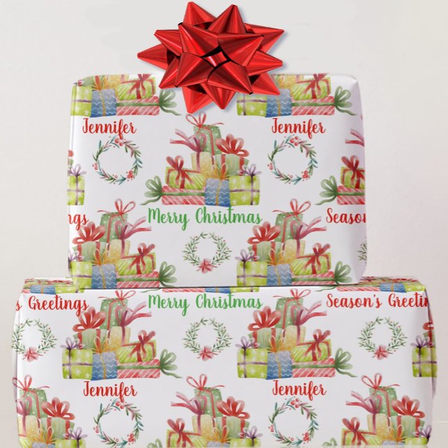 Recipients Name Christmas Watercolor of Gifts Wrapping Paper (Creator Uploaded)