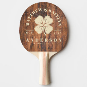 Reclaimed Wood Irish Lucky Clover Wedding Crest Ping Pong Paddle