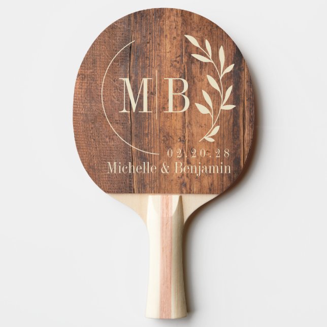 Reclaimed Wood Leaf Wedding Monogram Ping Pong Paddle (Back)