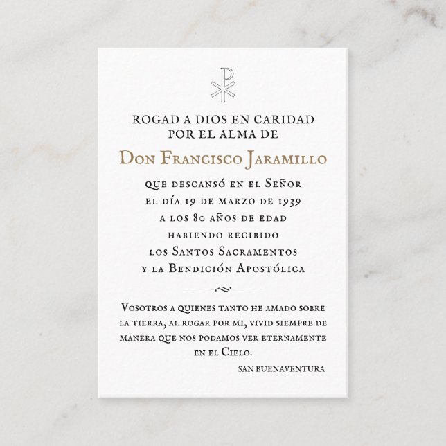 Recordatorio Memorial Card (Front)