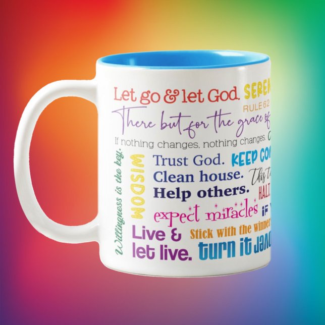Recovery Slogans Coffee Mug (A reminder of all the slogans that can help keep you sober -- great gift idea! )