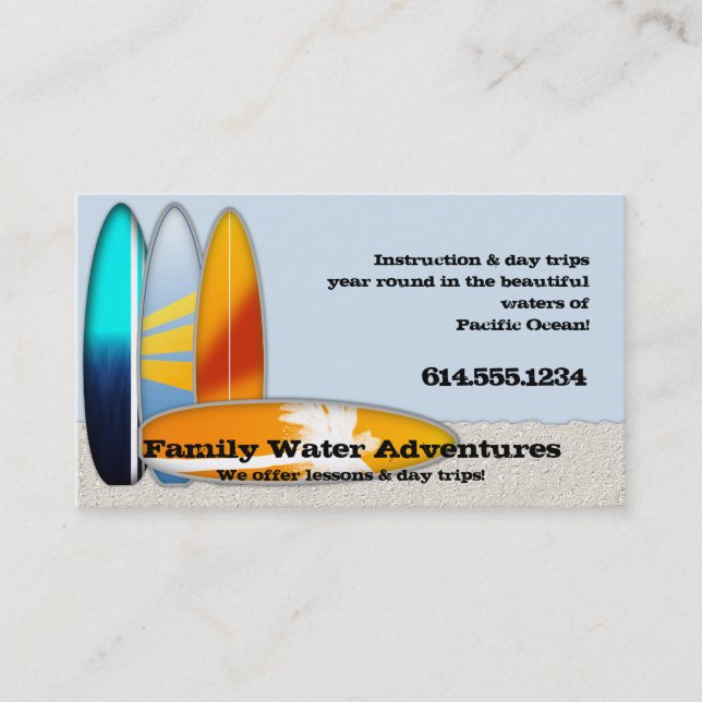 Recreational Surfing Surf Board Business Cards (Front)
