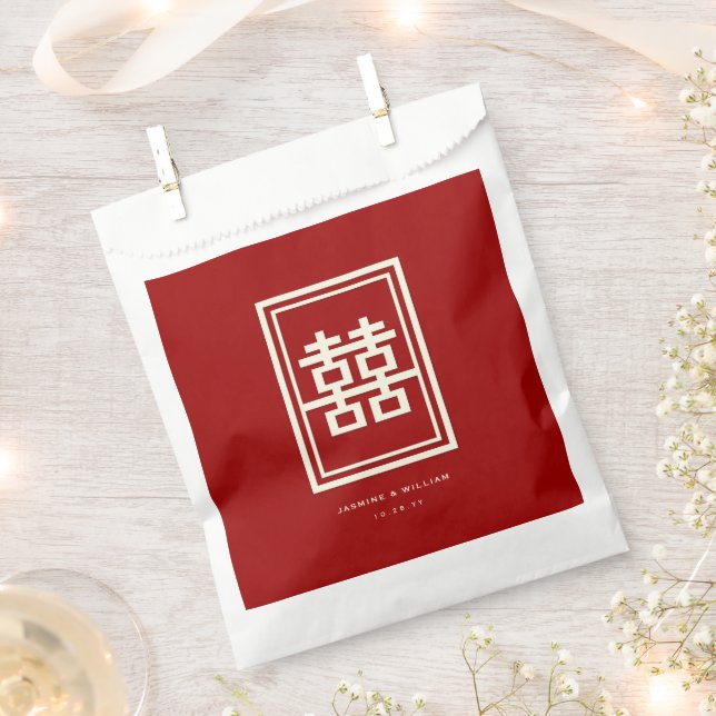 Rectangle Double Happiness Classic Chinese Wedding Favour Bags (Clipped)